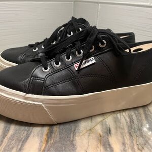 Superga 2790 Nappa Black Leather Platform Sneakers EU 41, US W 9.5 M 8